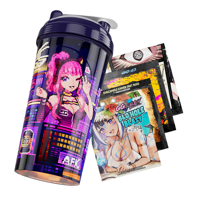 Dark purple shaker cup with pixel art neon cityscape and "SUS SNACKS" text on the side.