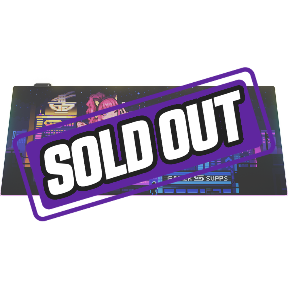 RGB-lit mouse pad with pixel art of a pink-haired anime girl and neon cityscape in purple and blue tones.