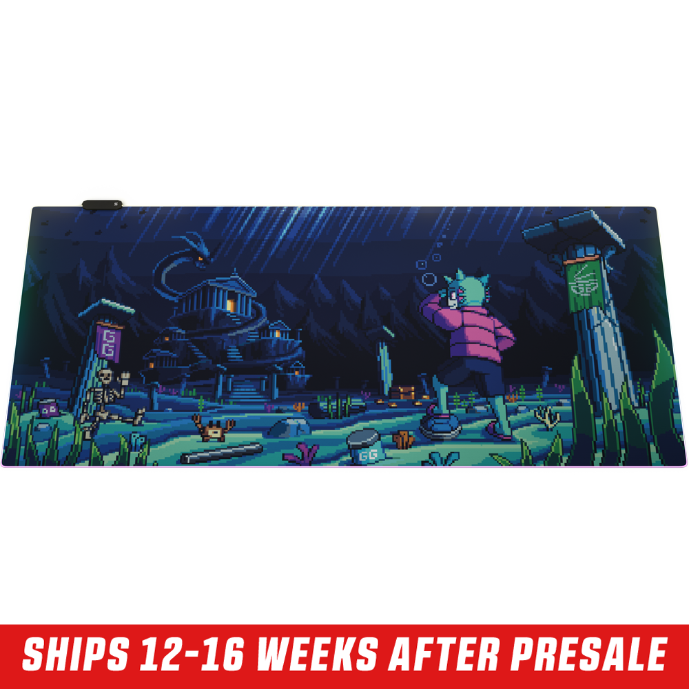 Pixel art style RGB mouse pad with a night scene of a character in a pink jacket near a dark mansion and pillars.