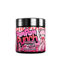 Black-lidded container with a pink label featuring white polka dots and detailed supplement facts on the back.