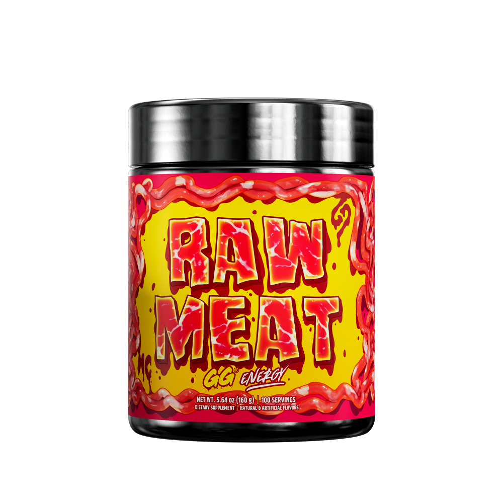 Black container with red and yellow label showing detailed nutritional facts and usage instructions for supplement powder.