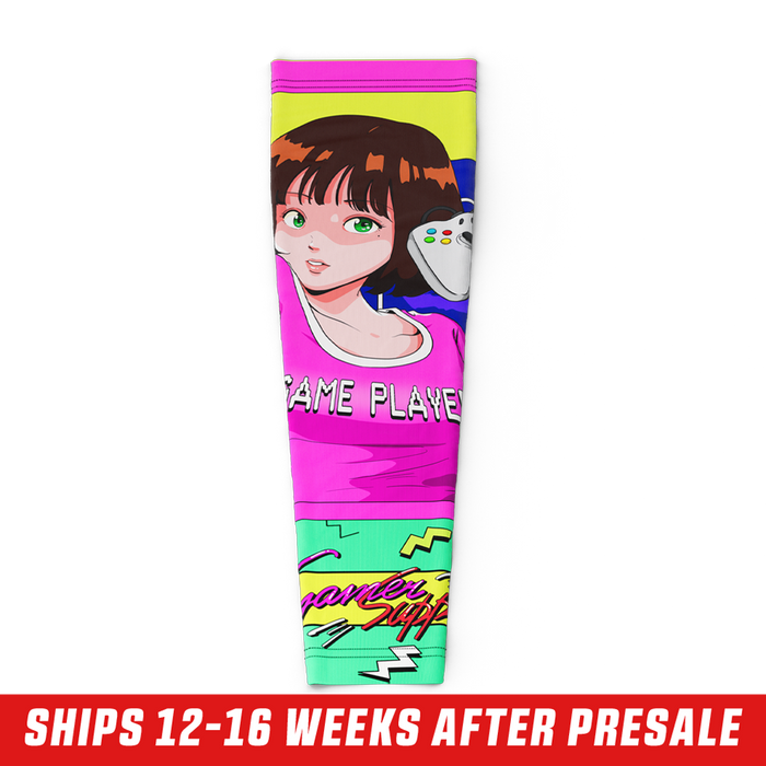 2XL colorful gaming sleeve with retro-style cartoon arm and hand illustration, purple, green, and pink accents.
