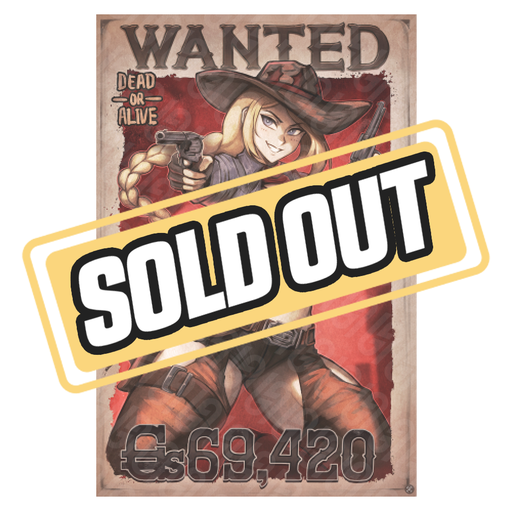 Blonde cowgirl with braided hair, red plaid crop top, dual pistols, and chaps on a red "WANTED" poster background.