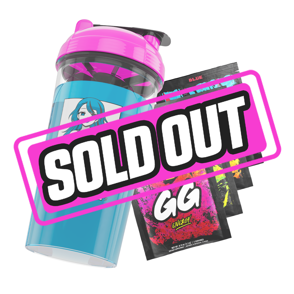 Clear shaker cup with bright pink lid and black-and-white anime girl holding a guitar facing away in swimsuit design.