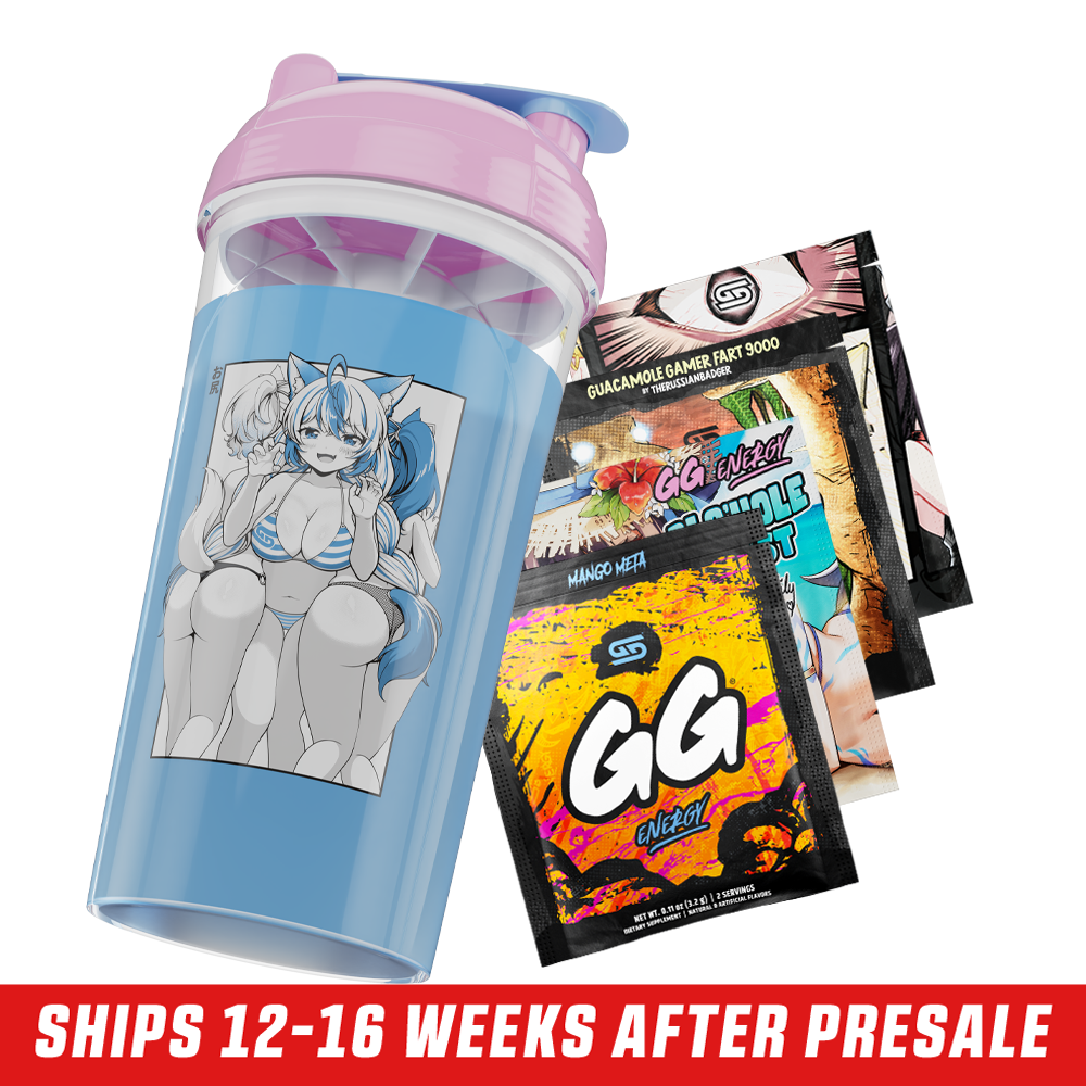 Clear shaker cup with pink lid and black-and-white anime girls in bikinis printed on the side