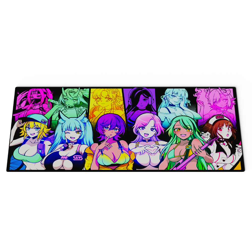 Large rectangular mouse pad with colorful anime-style female characters arranged in a rainbow gradient on a wooden desk.