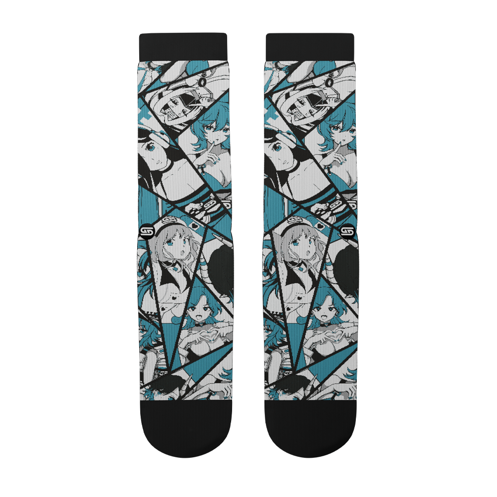 Pink and black anime-style socks with manga panels and Japanese text featuring a female character and smoking details.