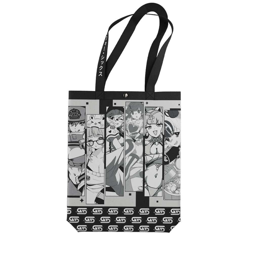 Black tote bag with white "Waifu Cups" text and manga-style anime character panels above the text.