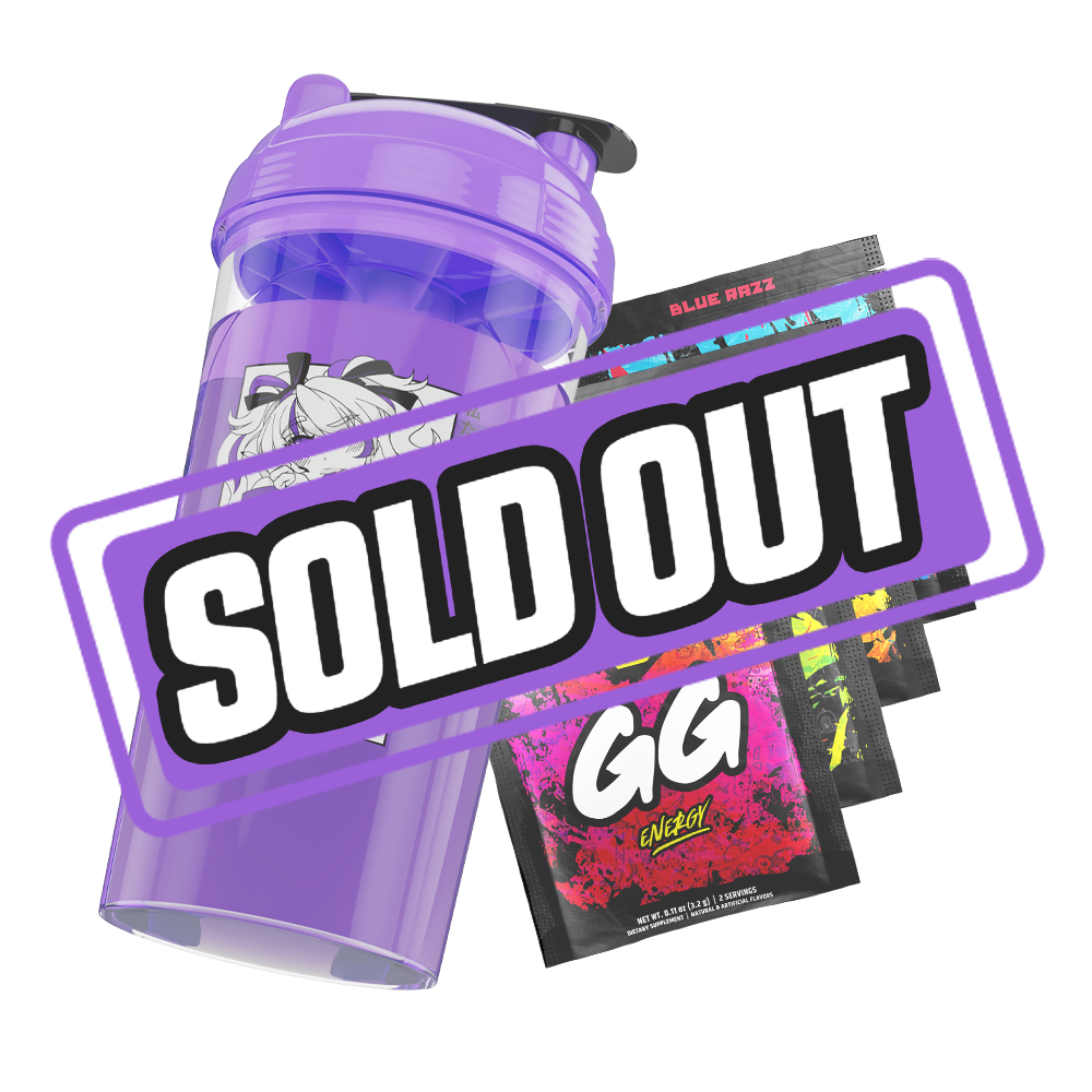 Clear shaker bottle with a purple lid and black flip cap, featuring a bold black stylized "GD" logo on the side.