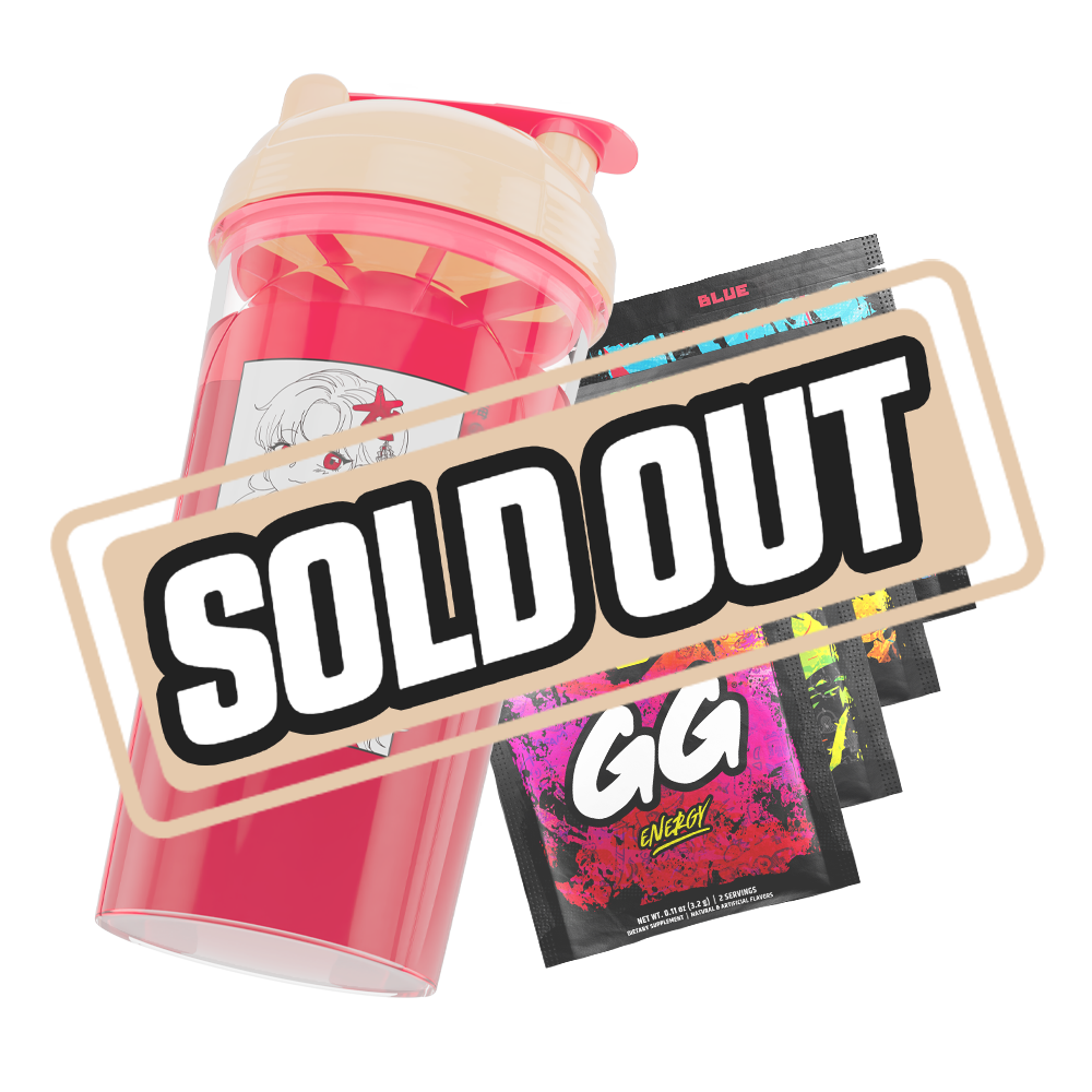 Clear shaker cup with a beige lid, red flip cap, and a bold black stylized logo on the side.