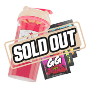 Clear shaker cup with a beige lid, red flip cap, and a bold black stylized logo on the side.