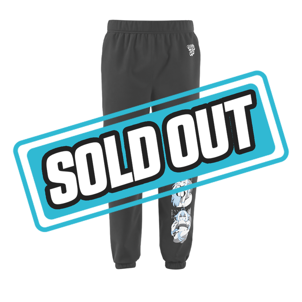 Black fabric sweatpants with white embroidered "Waifu Cups" text in a bold, cursive style.
