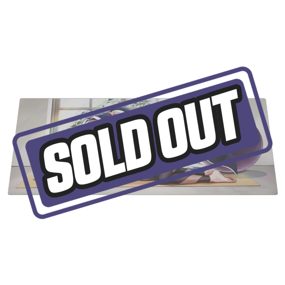 Mouse pad with anime-style character stretching on a yoga mat, featuring purple hair and a leafy window background.