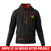 Black hoodie with a red to yellow gradient graphic of stylized fiery faces on the side panel