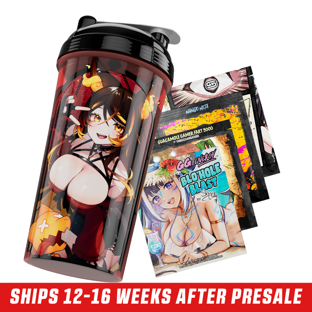 Red and black shaker cup featuring an anime-style character with horns, orange hair, and spiked armor details.