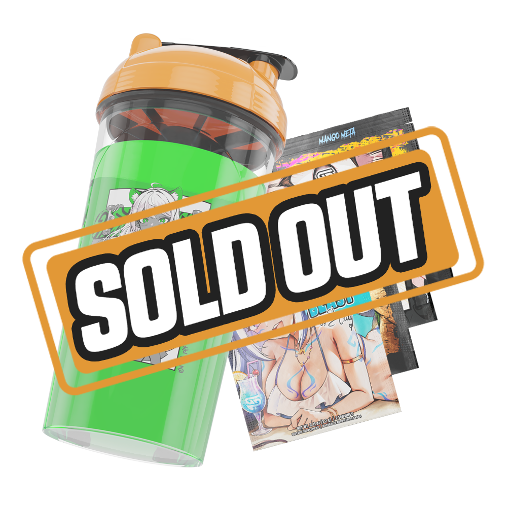 Clear shaker bottle with an orange lid and black flip cap, featuring a bold black and white stylized logo on the side.