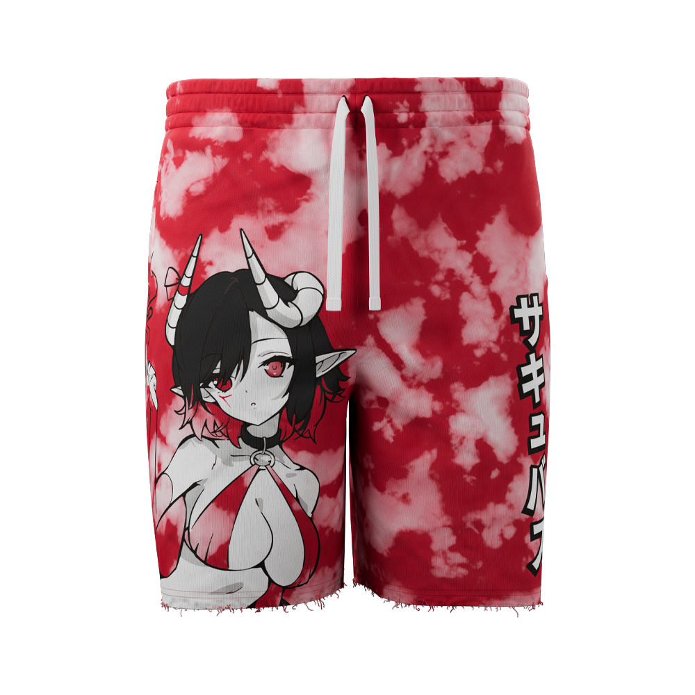Red and white tie-dye sweat shorts with Japanese characters printed vertically on the side and a side pocket.