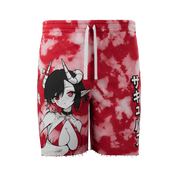 Red and white tie-dye sweat shorts with Japanese characters printed vertically on the side and a side pocket.
