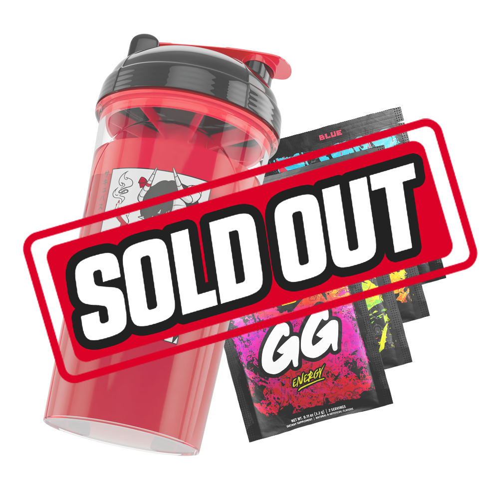 Clear shaker bottle with black and red lid and a black stylized "GD" logo on the side