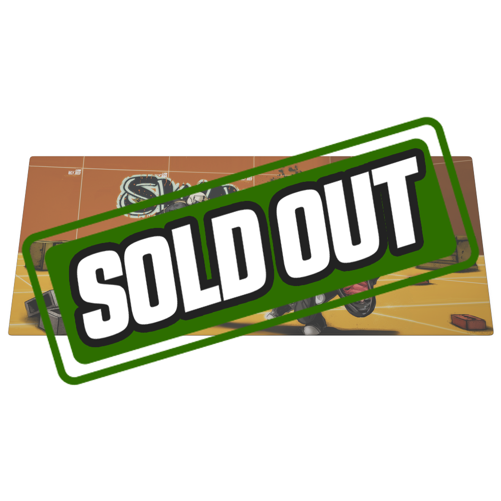 Orange and yellow gaming mouse pad with a tactical character and scattered bricks and crates design on a wooden desk.