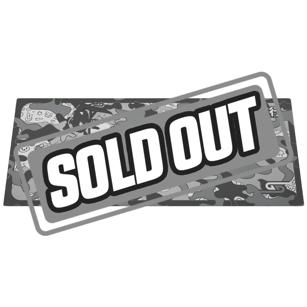 Black and white camo tactical mouse pad featuring an anime girl with various cute doodles on a wooden desk.