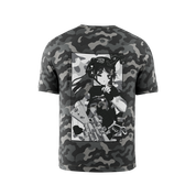 Black and gray camouflage short-sleeve shirt with a white stylized logo on the left chest in 6XL size.