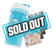 Clear shaker cup with a black stylized "GD" logo and a white lid accented with bright blue details and a flip cap.