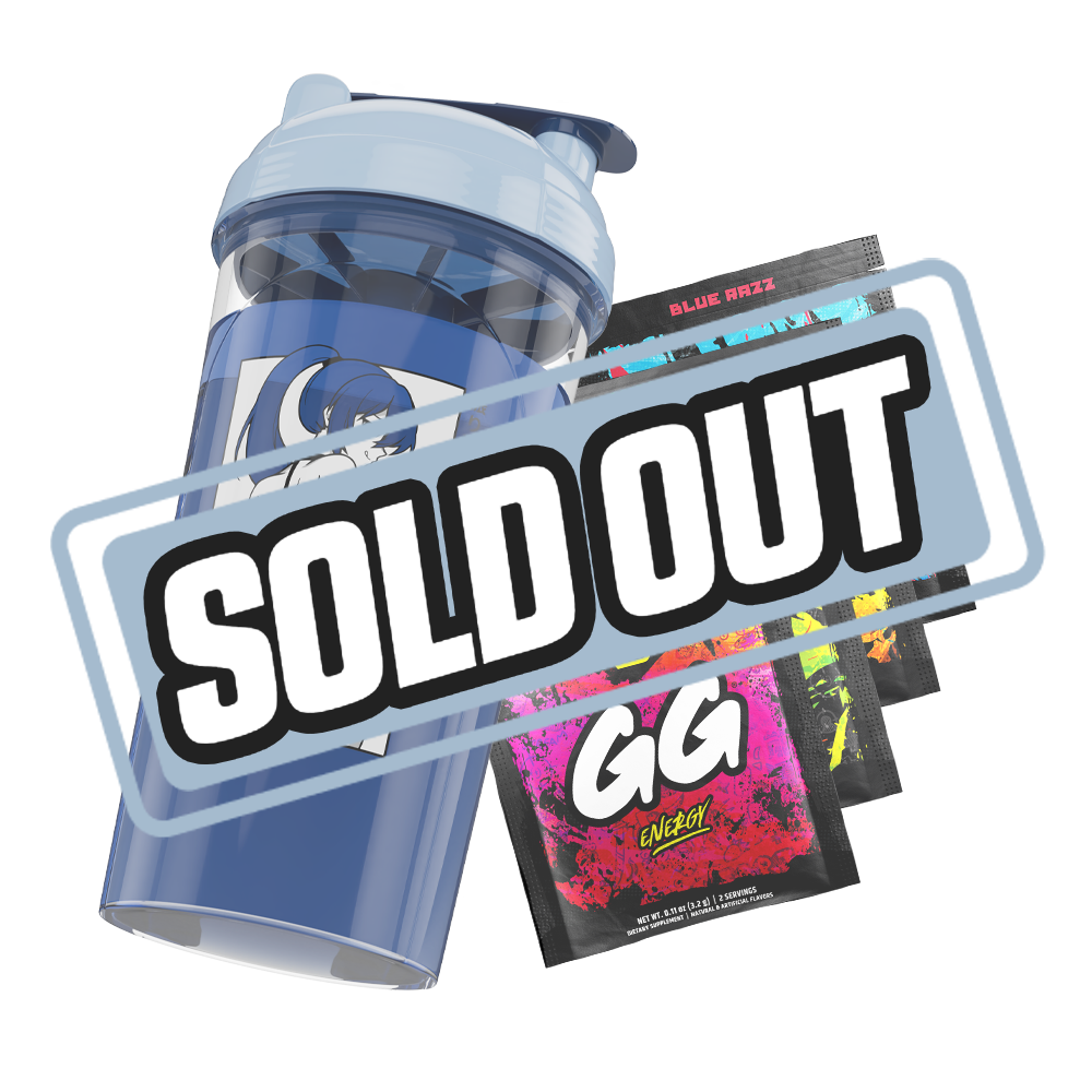 Clear shaker bottle with a light blue lid and black stylized "GD" logo on the side