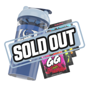 Clear shaker bottle with a light blue lid and black stylized "GD" logo on the side