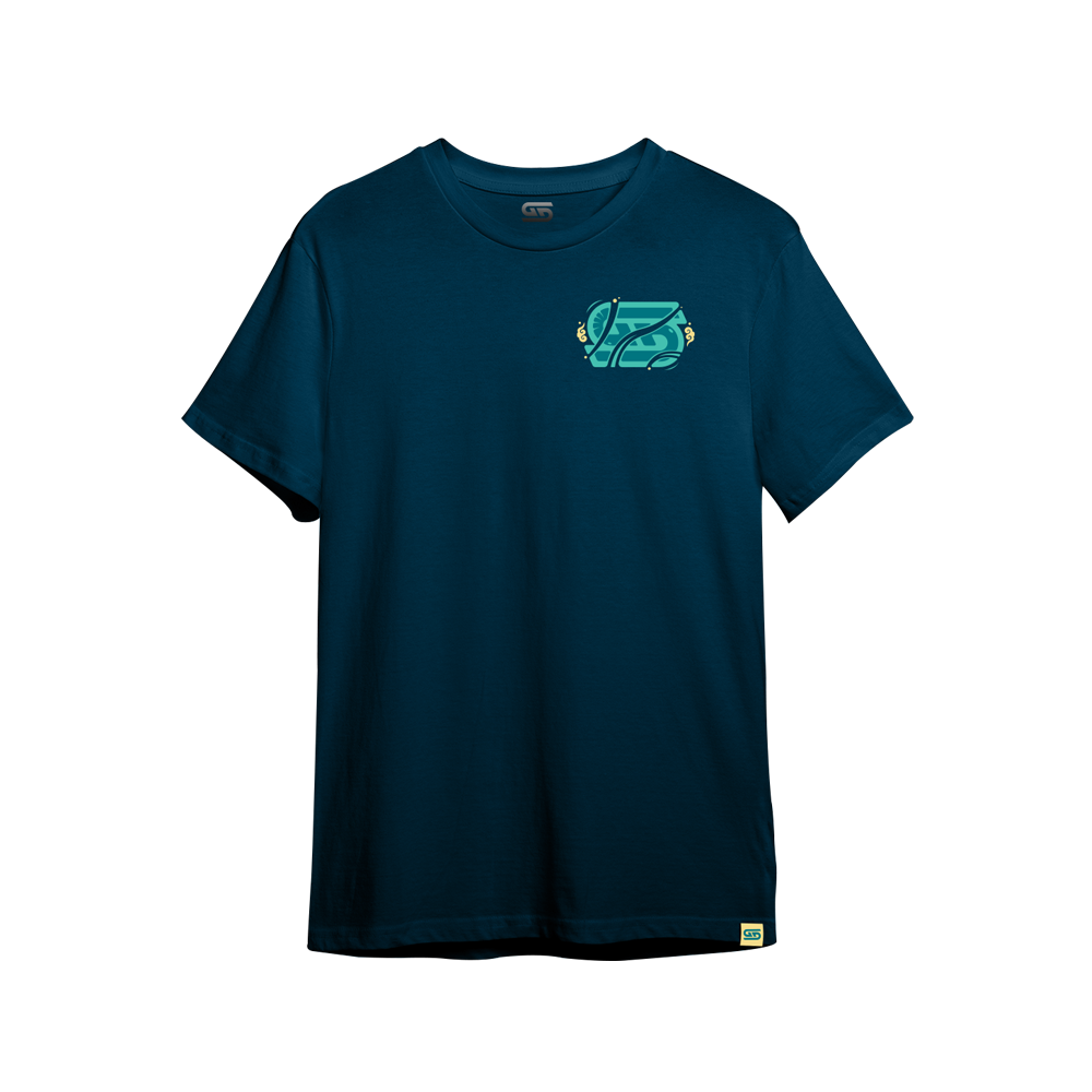 Dark teal shirt with a large turquoise and yellow stylized oni mask and vertical "Danger Stripes" text on the back.