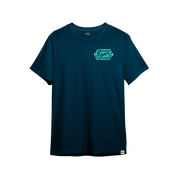 Dark teal shirt with a large turquoise and yellow stylized oni mask and vertical "Danger Stripes" text on the back.
