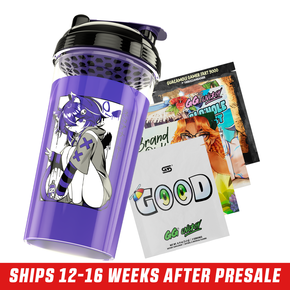 Clear shaker cup with black and purple lid featuring black and white anime girl with cat ears and skull hairpin.