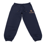 Navy sweatpants with gold embroidered VCard logo and gold-tipped drawstring on soft fabric.