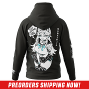 Black hoodie with white hand-drawn hearts on the sleeve and a partial anime-style character on the side.