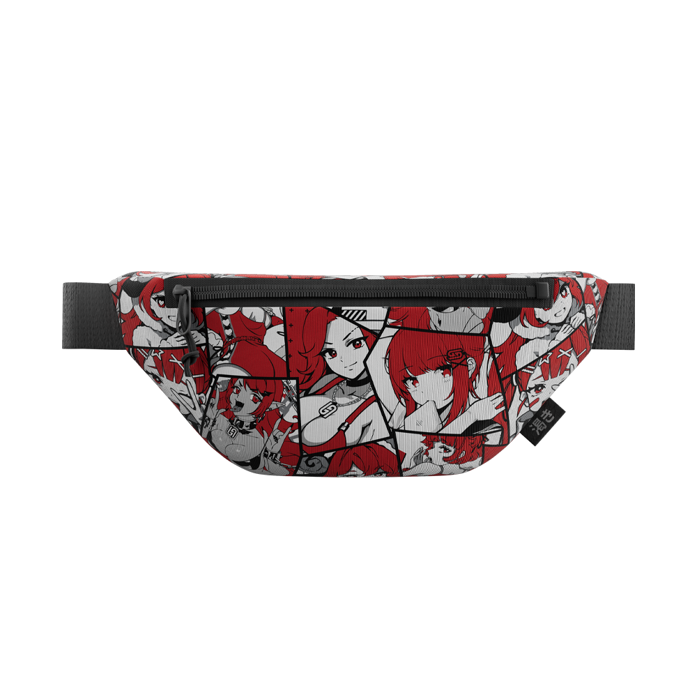 Waifu gamer bag with black strap featuring red-haired anime characters in black, white, and red comic-style panels.