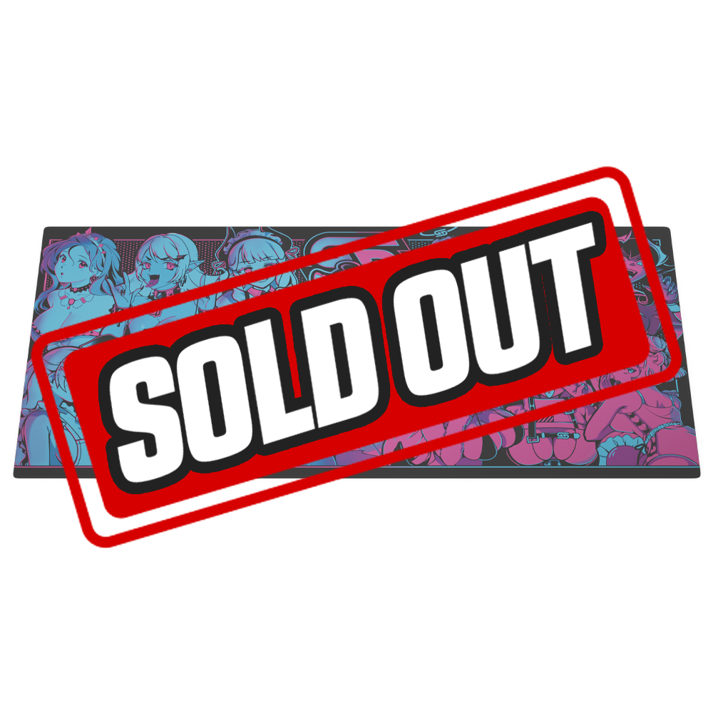 Mouse pad featuring blue and pink anime-style female characters in various poses on a black background.