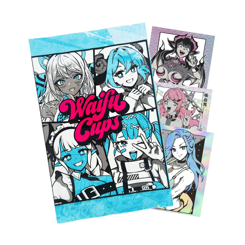 Three blue-themed sticker packs featuring anime-style female characters with white and blue hair and pink "Waifu Cups" text.