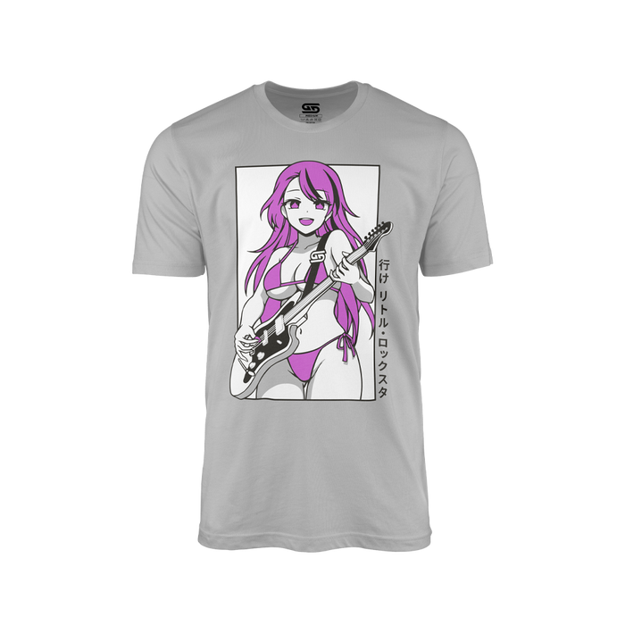 Grey shirt with a purple-haired anime girl in a bikini playing a black electric guitar and Japanese text on the side.