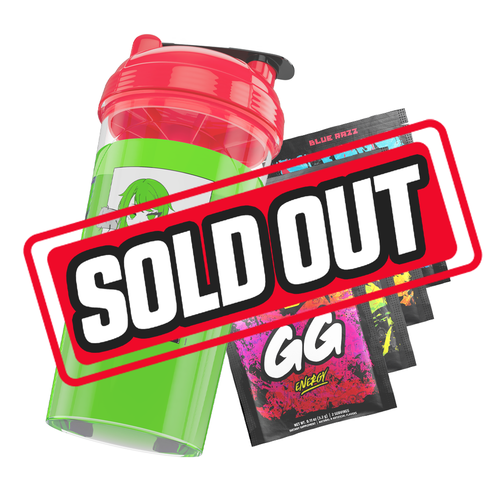 Clear shaker bottle with bold black GD logo and bright red screw-on lid with black flip cap.