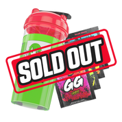 Clear shaker bottle with bold black GD logo and bright red screw-on lid with black flip cap.