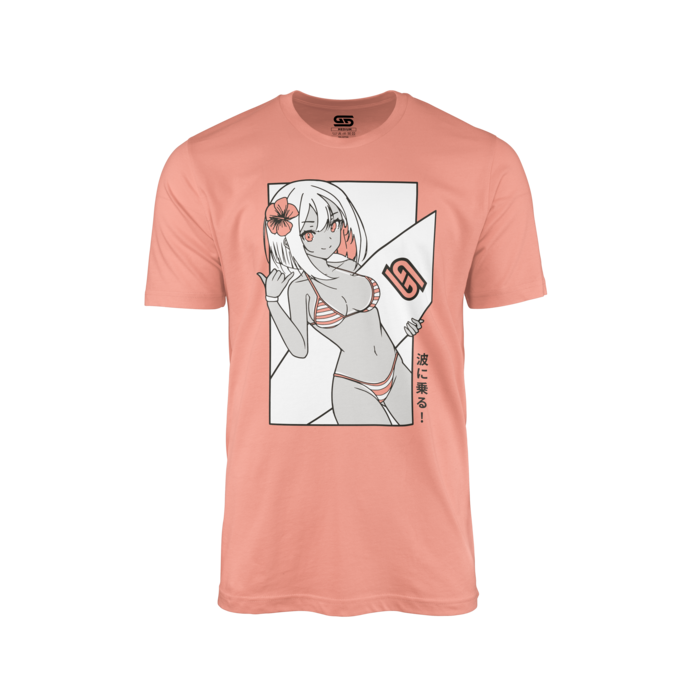 Coral pink shirt with anime girl in striped bikini holding a surfboard and a hibiscus flower in her hair.