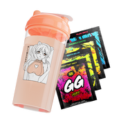 Peach shaker cup with orange lid featuring sad anime girl with cat ears and heart on chest next to colorful energy mix.