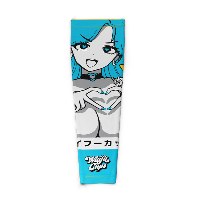 Blue-haired anime girl making a heart shape with her hands on a vibrant blue gaming sleeve with Japanese text.