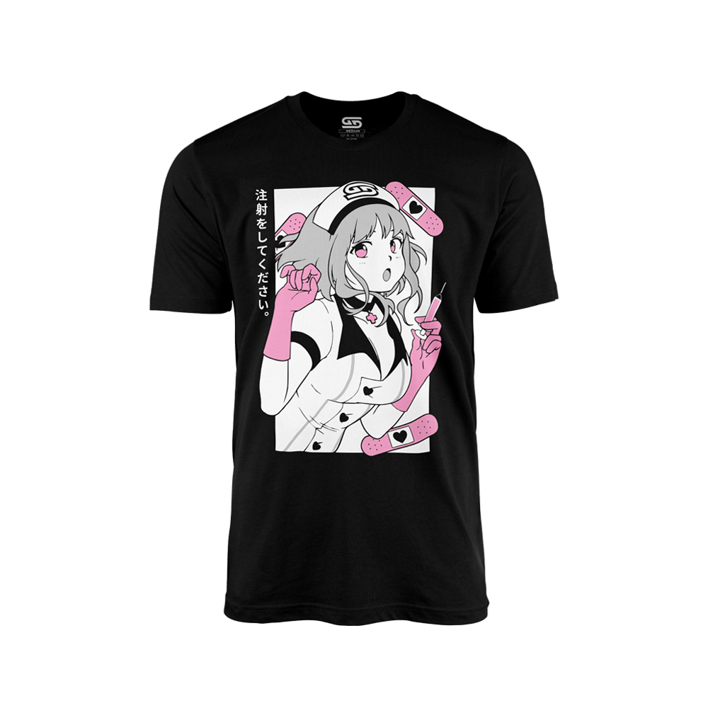 Black shirt with anime nurse holding syringe, pink gloves, pink bandages, and Japanese text on the side.