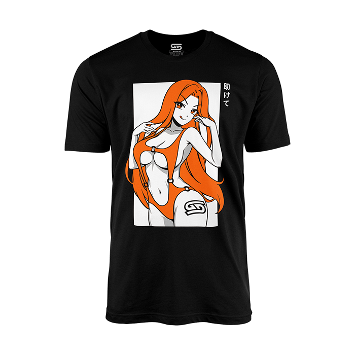 Black shirt with an anime-style woman with long orange hair in an orange swimsuit and Japanese text on the front.