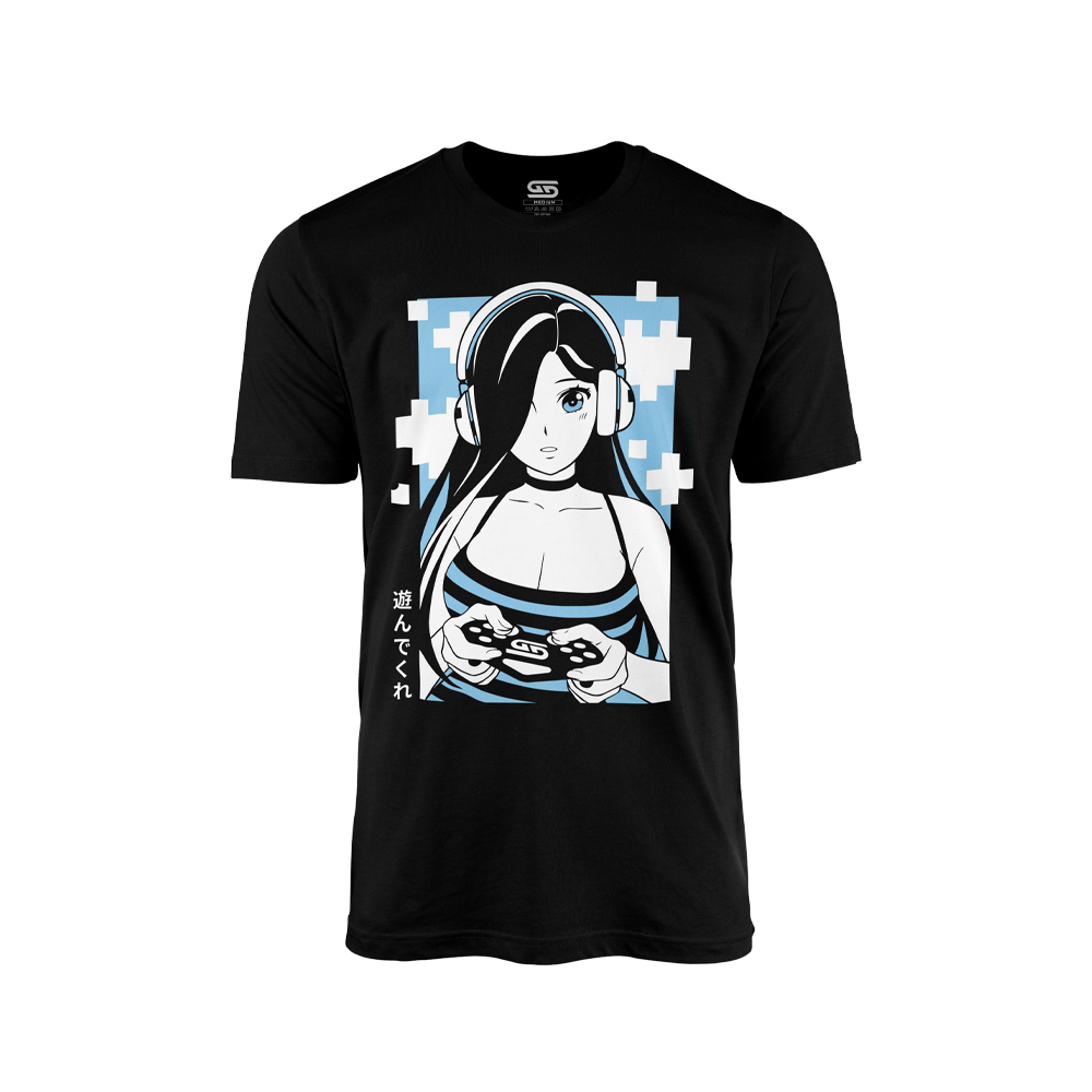 Black shirt with a blue and white anime girl wearing headphones and holding a game controller with Japanese text.